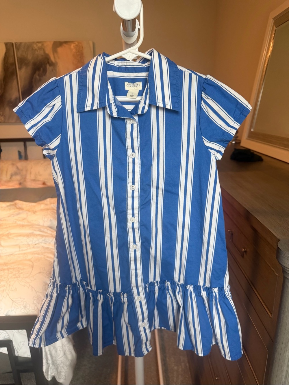 Girls Crewcuts Blue and White Striped Button-Front Ruffle Hem Dress Size 6